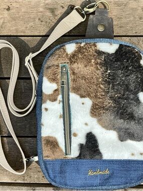 Handmade Cow Print & Upcycled Denim Crossbody Bag OOAK